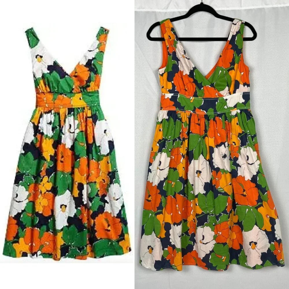Liz Claiborne Floral Sleeveless Sundress Orange Green White Size 4‎ Modest Midi